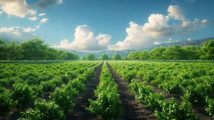 Naklejka premium Lush Green Rows of Crops Stretching Towards the Mountains Under a Blue Sky with Fluffy White Clouds