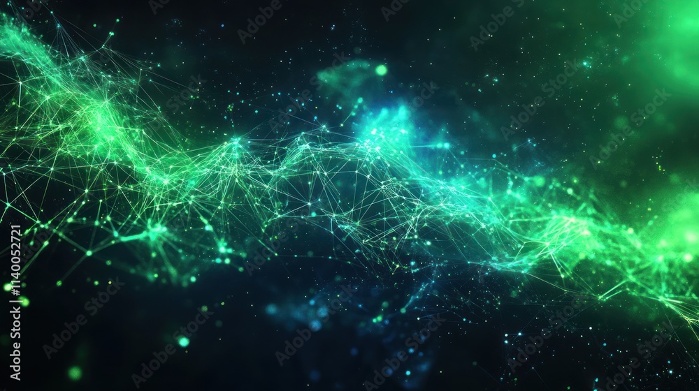 Poster Abstract visualization of interconnected data points in a cosmic-like environment.