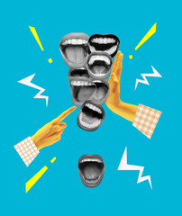 Multiple mouths shouting against bright blue background, highlighted with bold hands and abstract...
