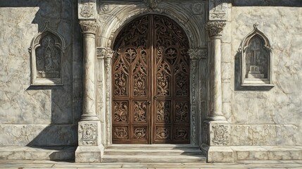 Obraz premium Antique church doorway featuring intricate wooden carvings and ornate stonework in a historic architectural setting
