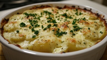 Creamy garlic cheese potatoes topped with parsley and rosemary served in a white baking dish for a delicious comfort food experience.
