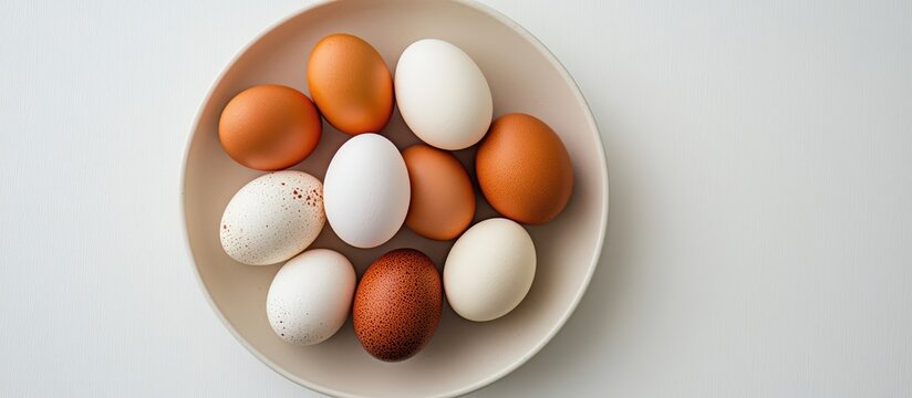 Colorful eggs arranged on a pale plate showcasing vibrant hues against a minimalist white backdrop perfect for seasonal themes and celebrations