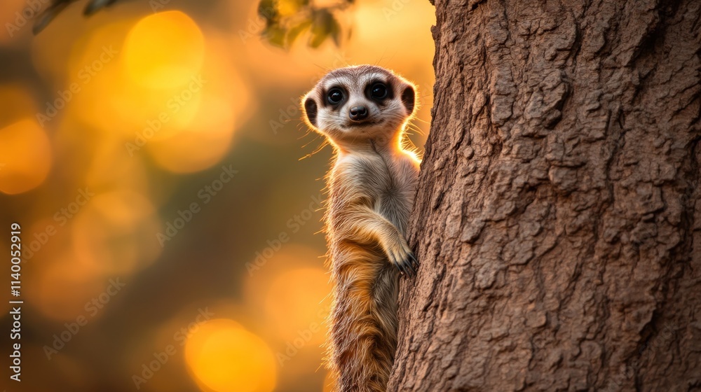 Poster a meerkat peeks from behind a tree, illuminated by a warm, glowing background.
