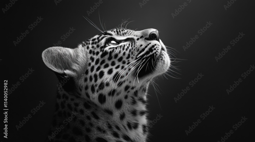Poster a close-up of a leopard's face, showcasing its striking features in black and white.
