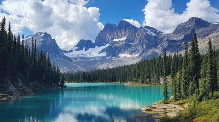Vibrant turquoise lake reflecting majestic mountains under a dramatic cloudy sky in a serene natural landscape.