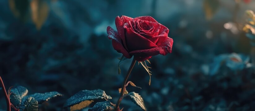 close up of a vibrant fresh red rose in a soft blurred background highlighting its delicate petals and rich colors
