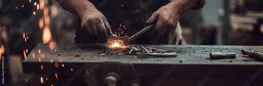Poster A blacksmith working with metal, creating sparks in a workshop environment.