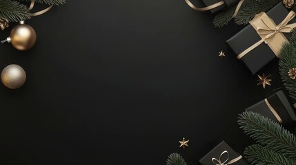 Christmas Background Elegant Holiday Celebration with Gold Decorations and Gift Boxes on a Black Background