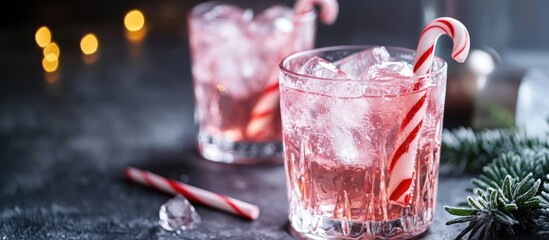 Pink peppermint cocktail with candy cane garnish served over ice in a glass festive drink for holiday celebrations and winter gatherings