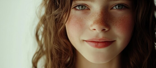 Young girl with a bright smile and freckled face captured in a close-up image against a simple white background.