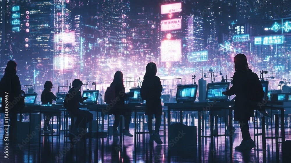 Poster a futuristic scene with silhouettes of people working at computers in a neon-lit city.