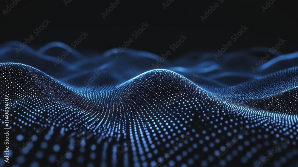 Poster Abstract representation of waves made of glowing dots on a dark background.