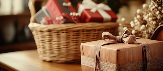 Obraz premium Gift box in foreground with decorative basket of gifts creating a warm festive atmosphere for celebrations and special occasions