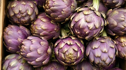 Fototapeta premium Crate of fresh vibrant purple artichokes displayed at a colorful farmers market stall ready for sale