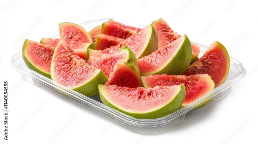 Poster slices of watermelon arranged in a clear plastic container, ready for consumption.