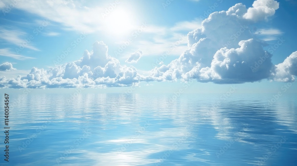 Poster serene ocean view with cloudy sky reflecting on calm water surface during daytime tranquility and na