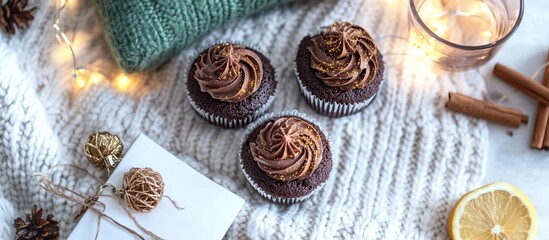 Chocolate Cupcakes with Frosting on a Cozy Knitted Background with Decor Elements and Warm Lighting