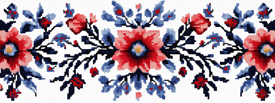 A repeating cross-stitch pattern inspired by traditional Ukrainian embroidery with bold diamonds and floral accents in red and blue on white