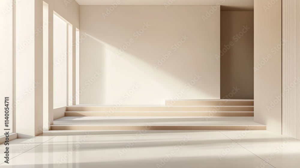 Poster A minimalist interior space featuring steps and large windows with soft natural light.