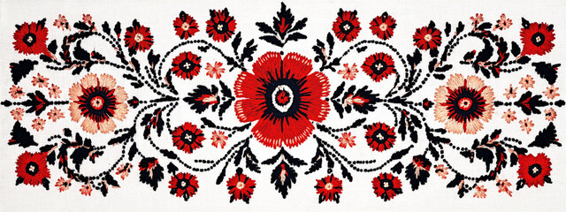 An intricate Eastern Slavic embroidered panel featuring folkloric symbols and floral elements in rich red and gold on white