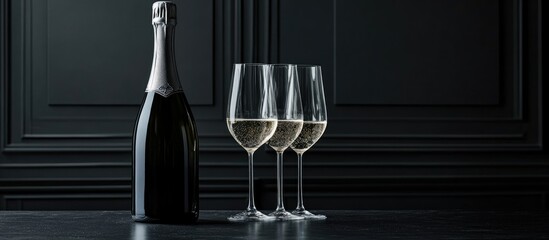Elegant champagne glasses with bottle on dark background for celebration and special occasions luxury concept