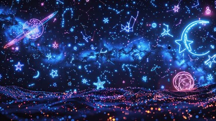 Obraz premium Neon Cosmos: A Vibrant Night Sky Spectacle of Glowing Constellations, Planets, and Celestial Wonders