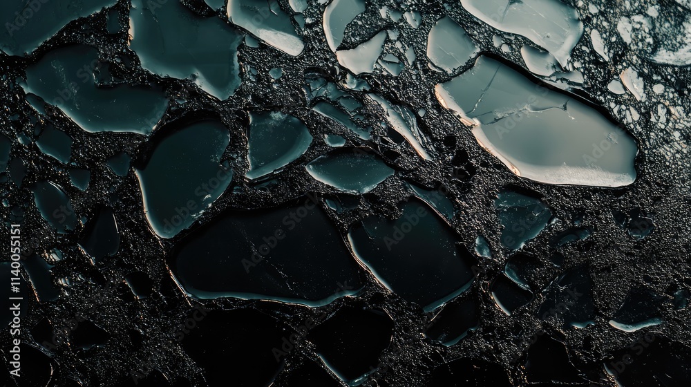 Poster Cracked dark glass texture creating an abstract background with intricate patterns and a moody color palette for artistic design projects