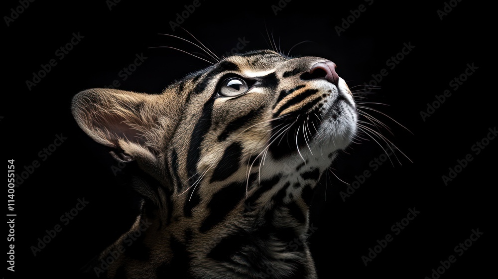 Poster a close-up of an ocelot gazing upward against a dark background.