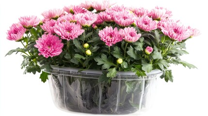 Fototapeta premium Blooming pink chrysanthemum flowers in a clear plastic pot surrounded by lush green leaves on a white background