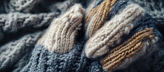 Detailed close-up of a textured wool winter glove showcasing intricate knitting patterns against a soft decorative background.