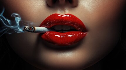Obraz premium Close-up of woman's lips with red lipstick and cigarette smoke