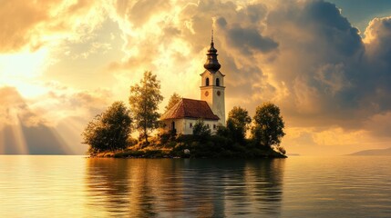 Fototapeta premium Serene island church at sunset surrounded by tranquil waters with dramatic clouds and lush greenery in the foreground.