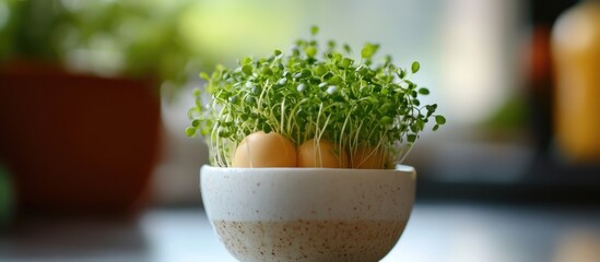 Decorative egg cup with cress seeds and sprouts creating a fresh and vibrant centerpiece for home decor or culinary presentations