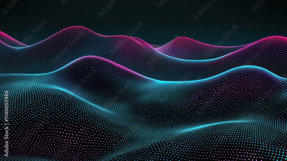 Poster abstract digital landscape with flowing waves and vibrant colors.