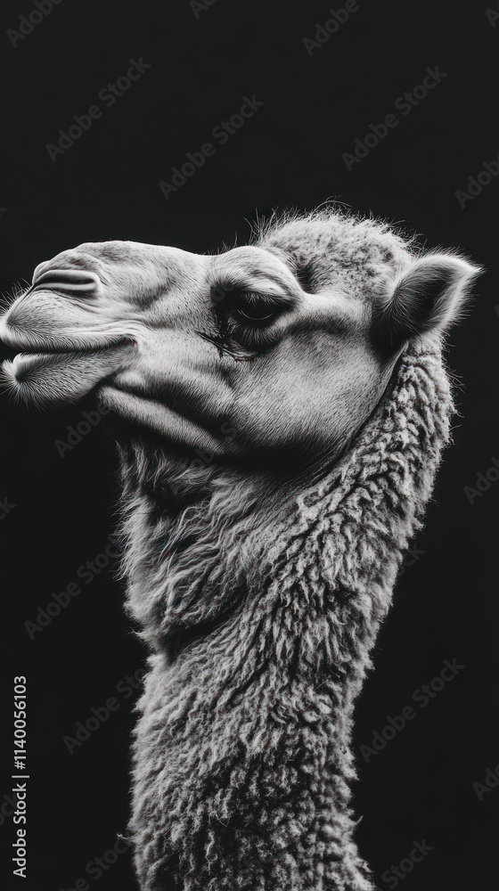 Poster A monochrome portrait of a camel, showcasing its distinctive features and texture.