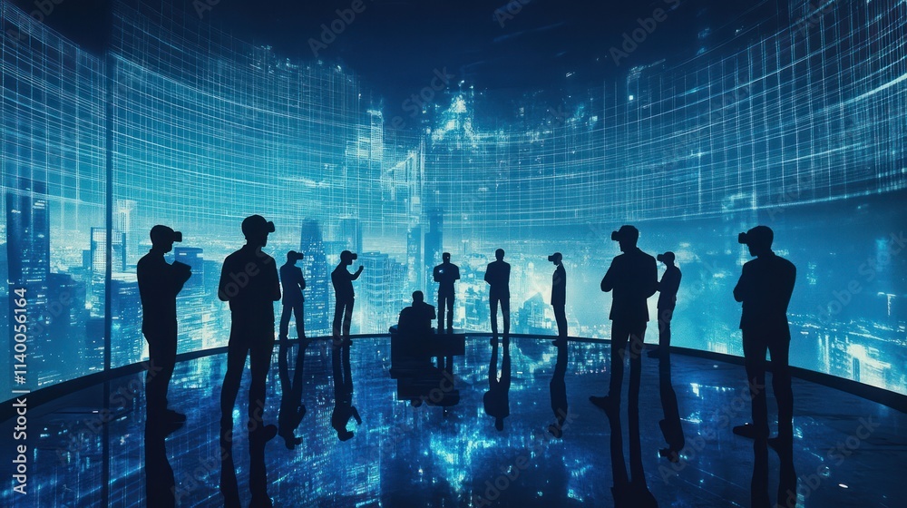 Poster silhouettes of people against a futuristic digital backdrop in a high-tech environment.