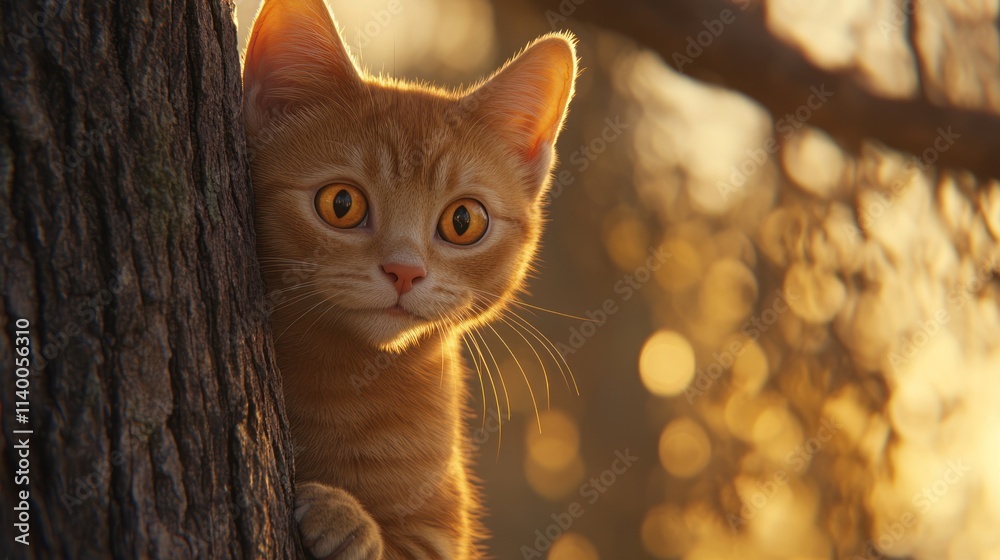 Poster a curious orange cat peeks from behind a tree, illuminated by soft golden light.