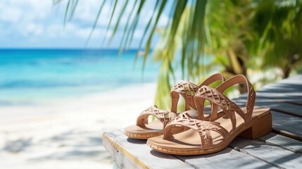 Elegant Sandals on Beachside Deck with Tropical Ocean Backdrop