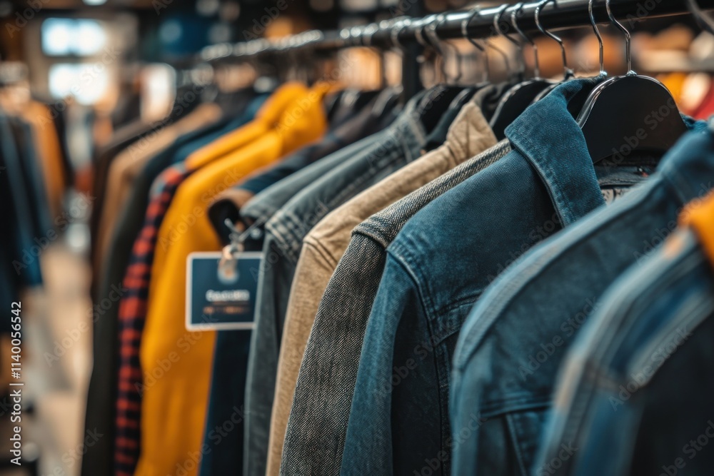 Poster a display of various jackets hanging on a rack in a clothing store.