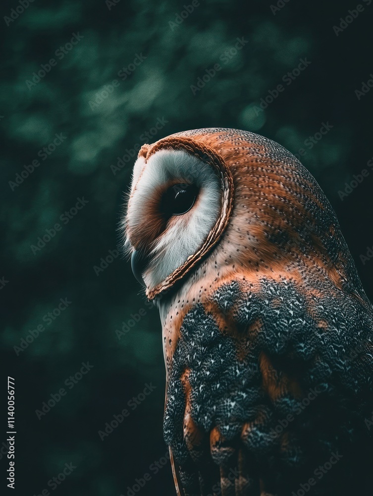 Aufkleber A close-up of a barn owl with intricate feather patterns in a dark, moody setting.