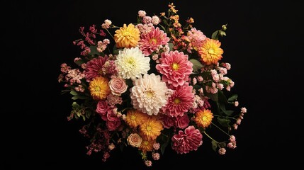 Elegant bouquet of chrysanthemum rose and lisianthus flowers arranged beautifully on a dark background viewed from above
