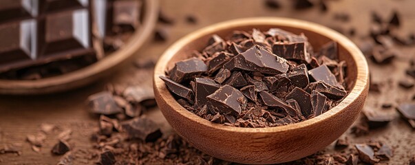 Dark chocolate chunks filling a wooden bowl on a table