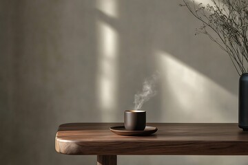 A wooden table with a steaming coffee cup 