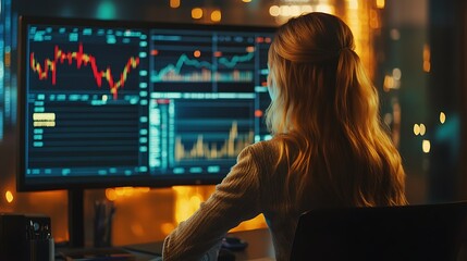 Businesswoman reviewing financial market analysis charts on her desk 