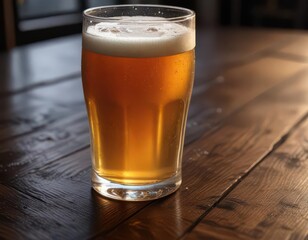 Condensation-covered glass of beer on dark wood table, texture, macro, chill