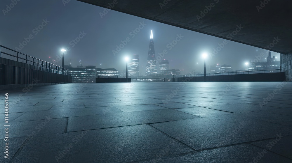 Poster a moody urban scene featuring a foggy skyline with a prominent tower in the background.