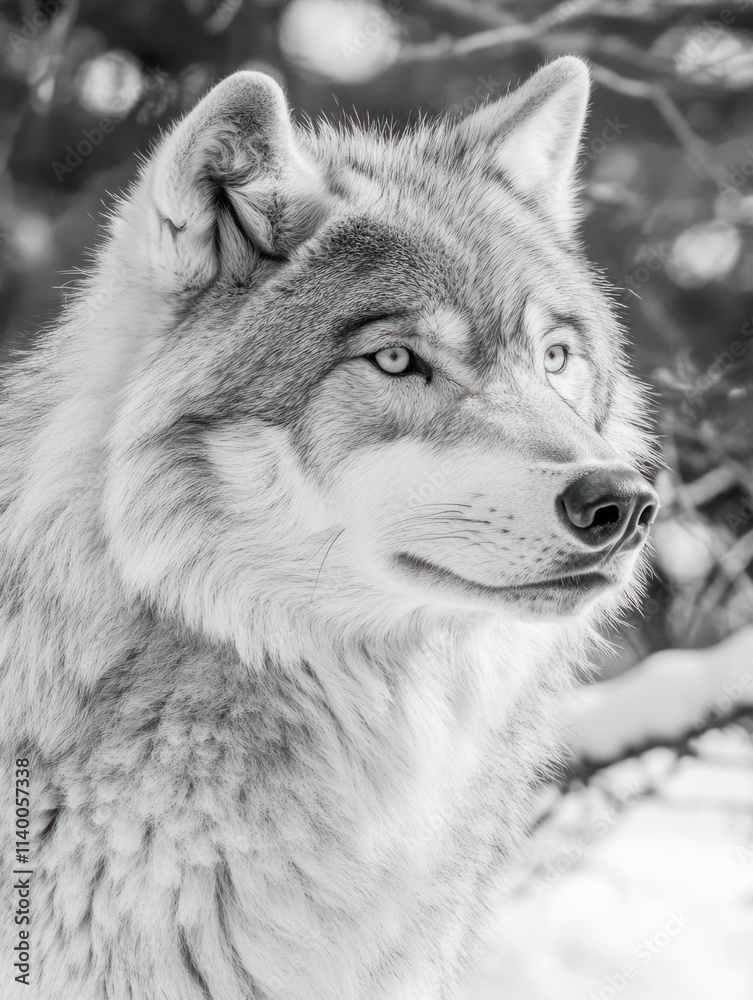 Poster A close-up portrait of a wolf in a snowy environment, showcasing its features and expression.