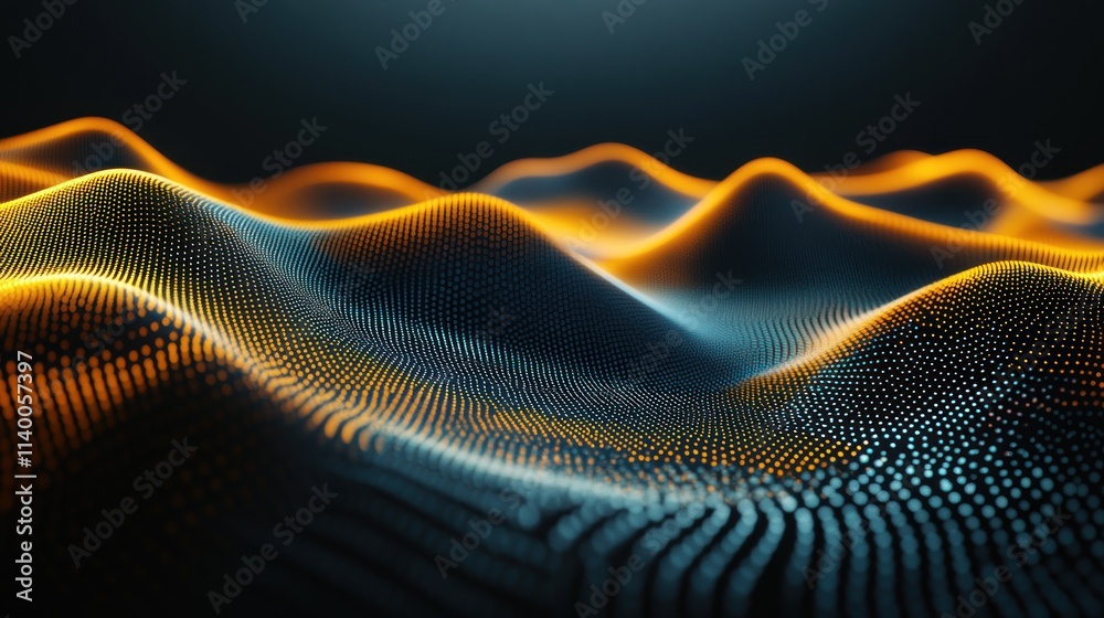 Poster Abstract representation of flowing waves with glowing particles in a dark background.