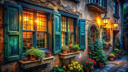 Fototapeta premium Alte Fenster Hauswand - Colorful Architectural Photography