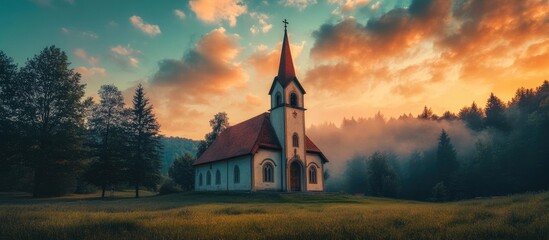 Obraz premium Serene countryside church at sunset surrounded by lush trees and misty landscape creating a peaceful and tranquil atmosphere